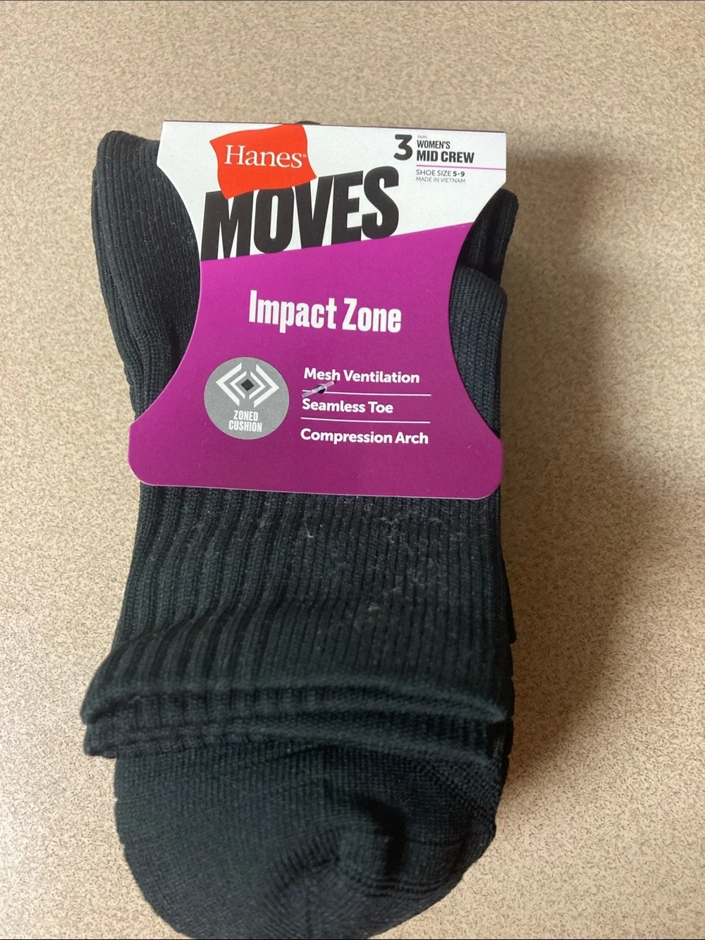 Hanes Moves ladies Black Mid Crew Athletic Socks - Pack of 3